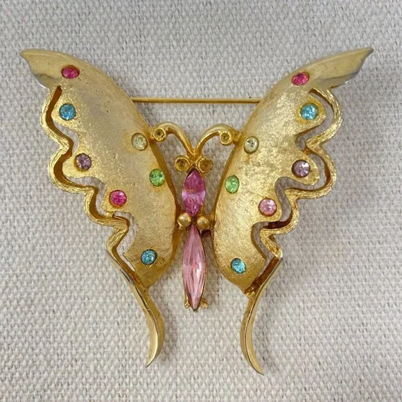 Pell Uranium Glass Butterfly Brooch Vintage Signed Gold-Tone Pink Body